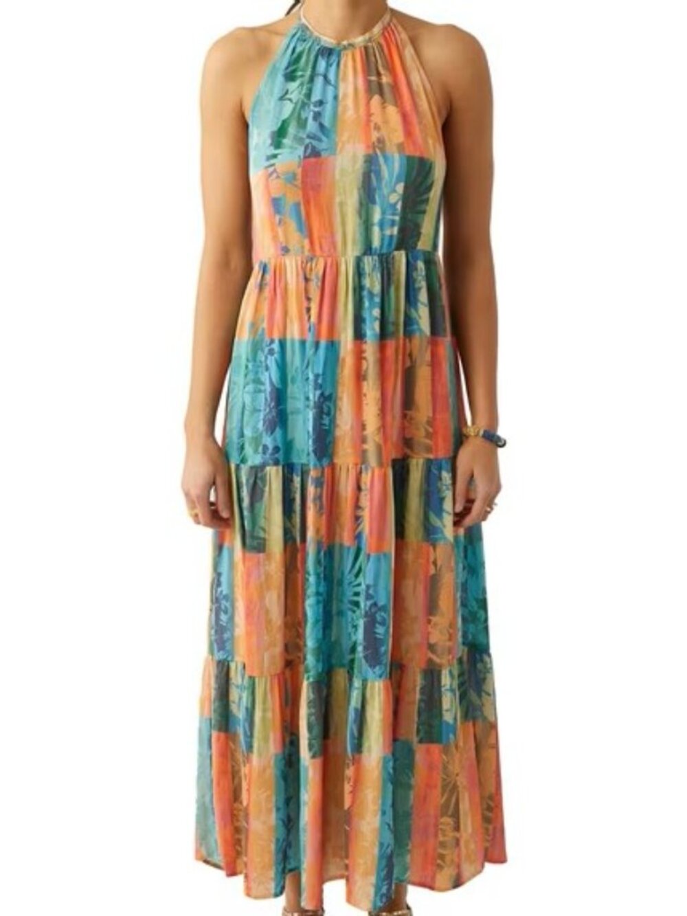 O'Neill Tropical Checkered Halter Maxi Dress Low Back Rayon Beachy Size M